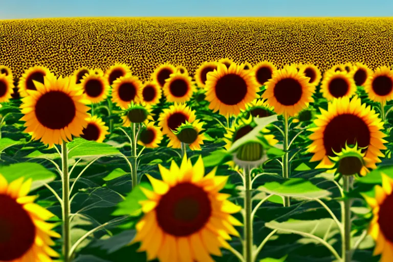 Image similar to a cute little robots at sunflower field. super realistic 8 k render of a elegant, cinematic composition