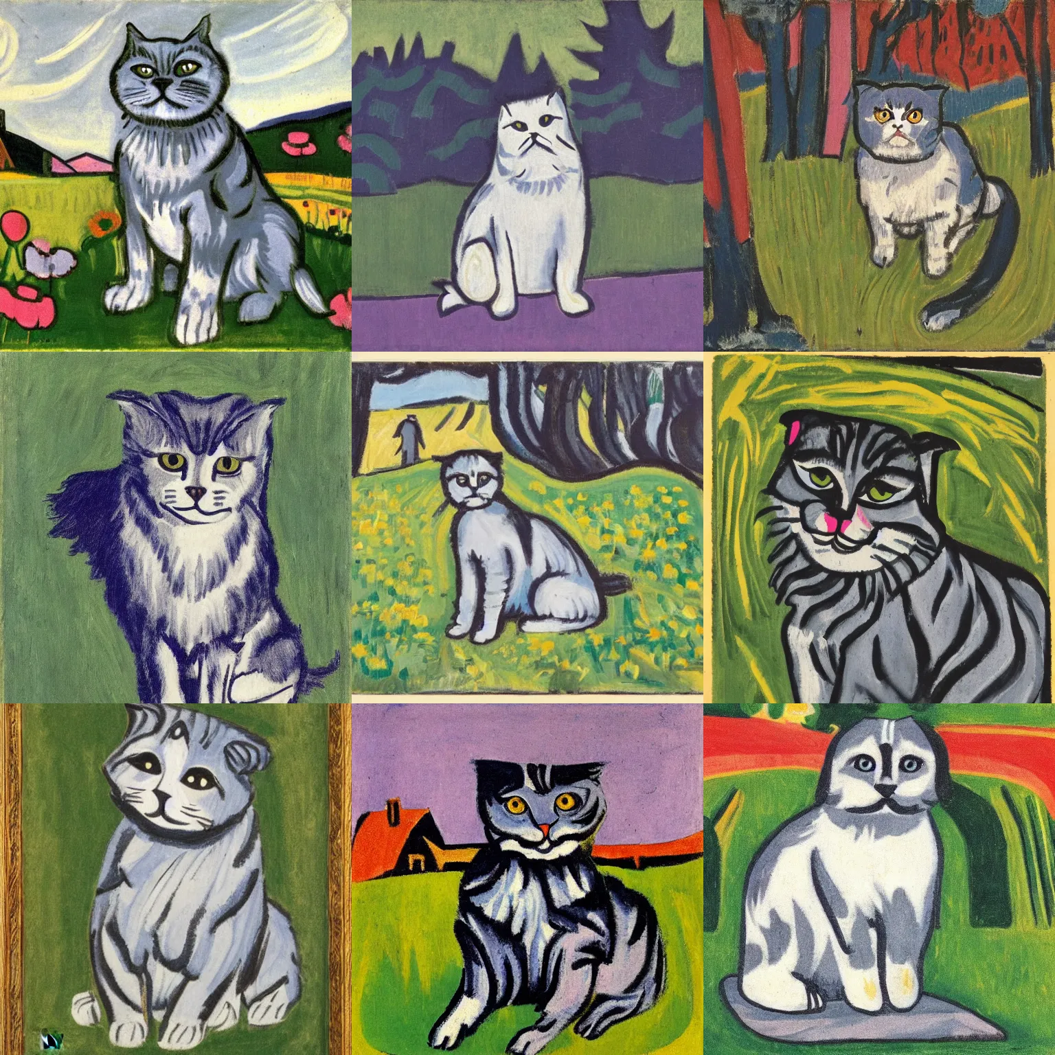 Image similar to a gray scottish fold sitting in the middle of sunny meadow, by ernst ludwig kirchner