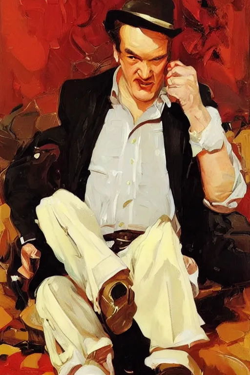 Image similar to quentin tarantino holding feet!!!, licking, painting by jc leyendecker!! phil hale!, angular, brush strokes, painterly, vintage, crisp