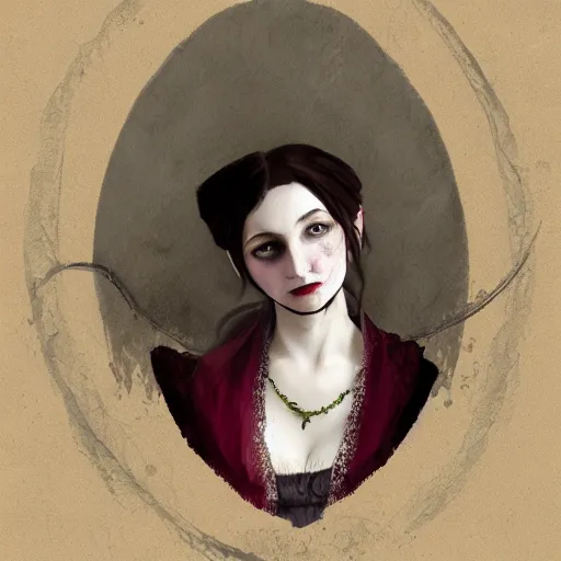 Prompt: head and shoulder professional portrait of a victorian female vampire, painted in the style of bloodborne, muted colors, vampire fashion