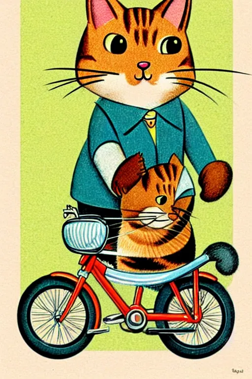 Prompt: by richard scarry. a cat riding a bike. a 1 9 5 0 s retro illustration. muted colors, detailed