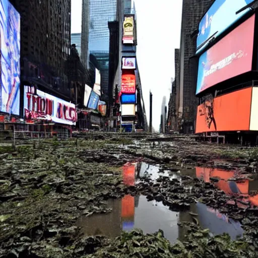 Prompt: an abandoned ruined flooded overgrown times square in new york city, associated press photography