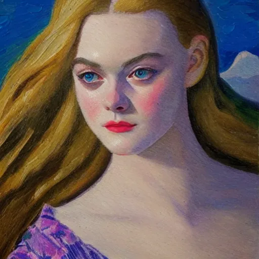 Image similar to professional painting of Elle Fanning in Santorini in the style of Henri-Edmond Cross, head and shoulders portrait, symmetrical facial features, smooth, sharp focus, illustration, intricate, stormy weather, extremely detailed masterpiece,