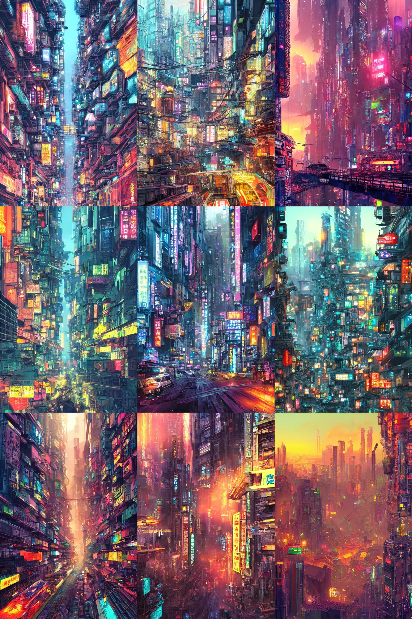 Prompt: colorful cyberpunk futuristic hongkong, lots of building, lots of bridges, lots of signs, by yoshitaka amano, ultra detailed, sunset light, digital art, concept art, illustration