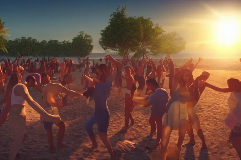 Image similar to everyone dancing at a party at the beach, praising the sun, golden hour, cinematic, atmospheric, 8k resolution, ArtStation, Hyperrealistic