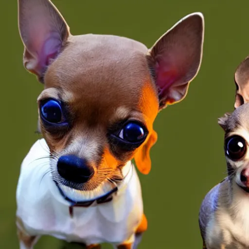 Image similar to one small, light brown chihuahua with a white diamond on her forehead, and a slightly bigger, dark grey chihuahua with a slight underbite and a concerned look on his face fencing over food on a dessert island