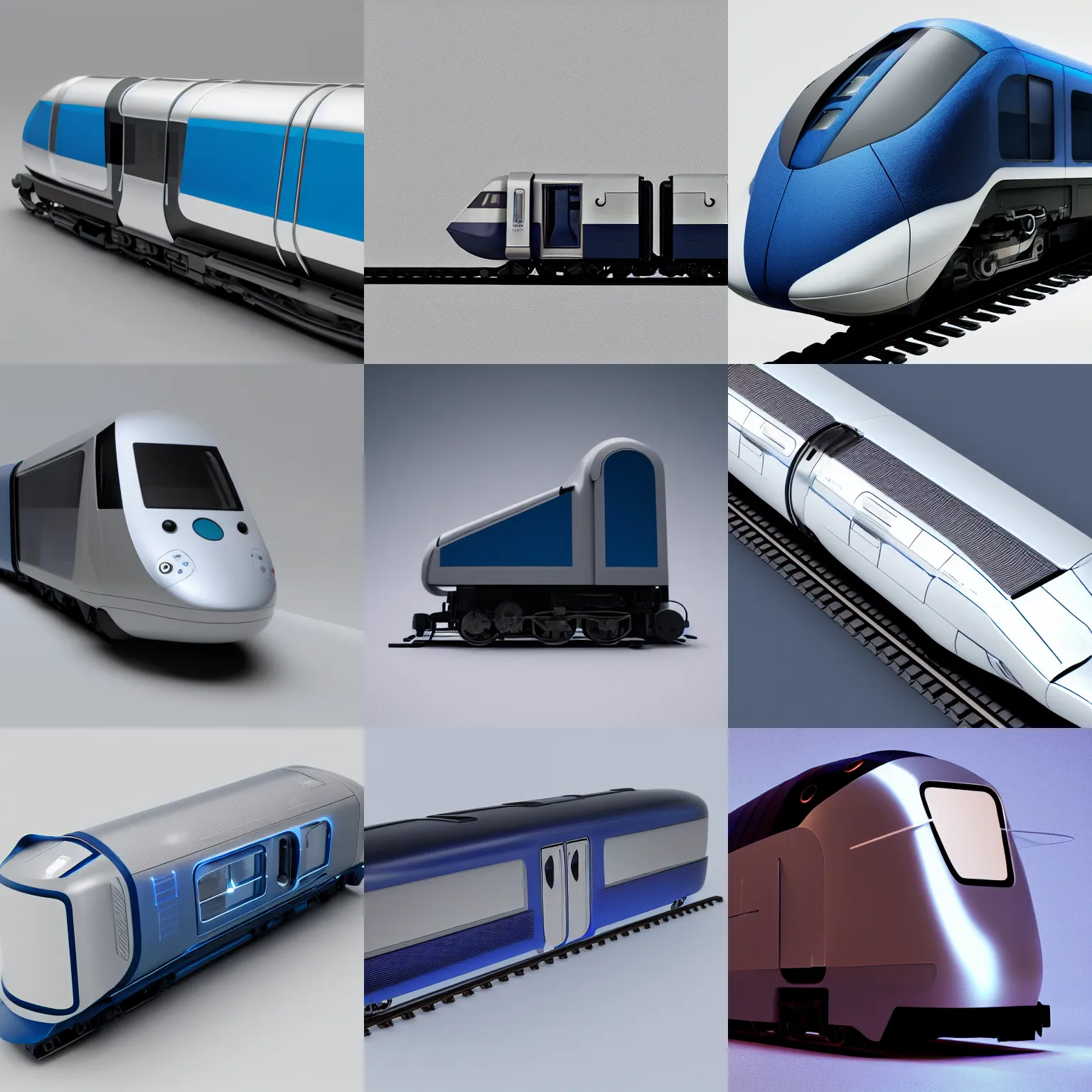 Prompt: ( futuristic train ) designed by apple, studio photo, white backdrop, studio light, solid works, octane render, macro shot, in focus, dept of field, silver, blue, black design