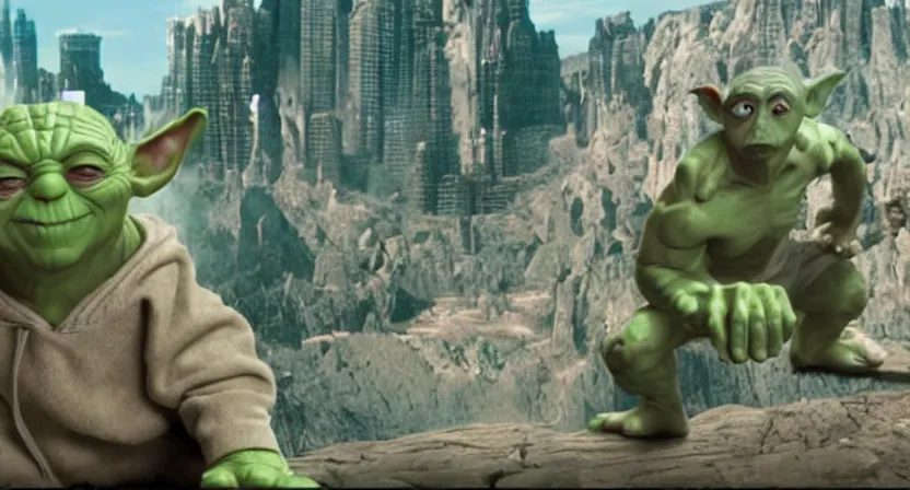 Image similar to a mix between Hulk and Yoda and Dobby and Gollum fighting robots, center frame medium shot, shot on technicolor cinemascope 35mm anamorphic lense, flare