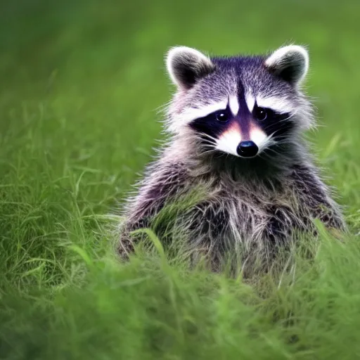 Prompt: A small fluffy raccoon, sitting in a grassy green field, slightly to the left. Desktop background.