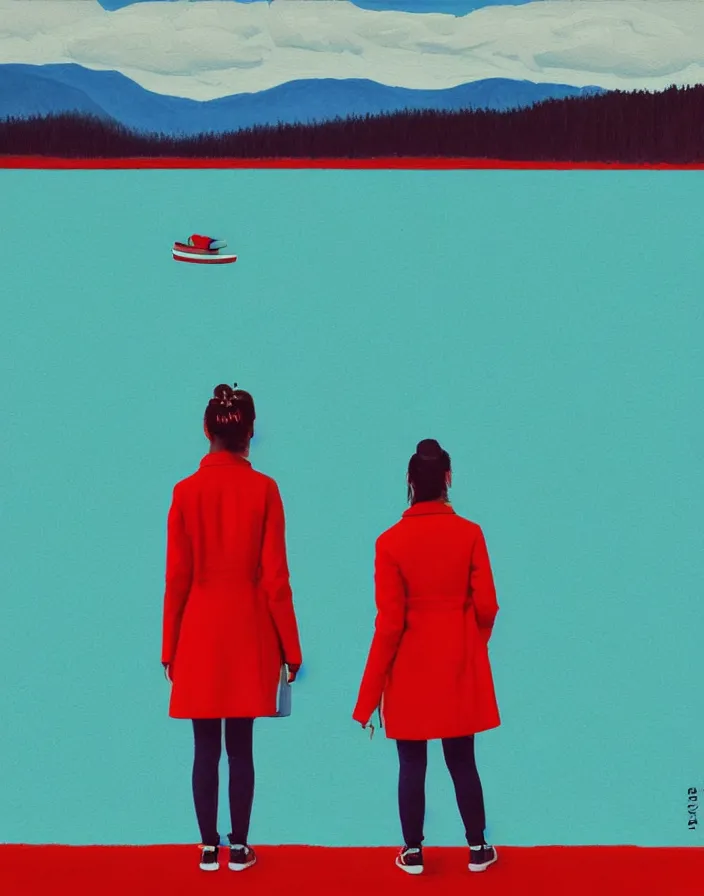 Image similar to wide shot rear view photographer woman hair in a bun long red stripe coat backpack sneakers taking photo with nikon camera in hand while looking out over a placid blue lake, a character design painting, in the style of wes anderson, lola dupre, david hockney, isolated on negative white space background dark monochrome fluorescent spraypaint accents volumetric octane render, no double figure