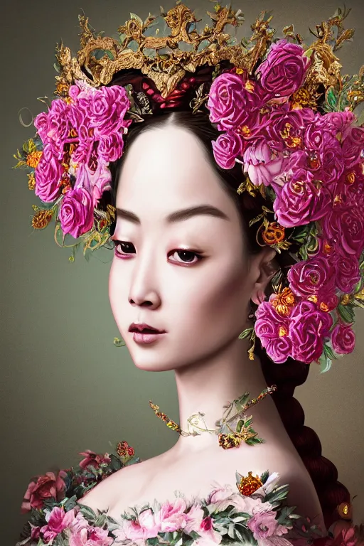 Image similar to a beautiful empress portrait, with a brilliant, impossible striking big flower headpiece, clothes entirely made out of flowers, symmetrical, dramatic studio lighting, rococo, baroque, jewels, asian, hyperrealism, closeup, D&D, fantasy, intricate, elegant, highly detailed, digital painting, artstation, octane render, 8k, concept art, matte, sharp focus, illustration, art by Artgerm and Greg Rutkowski and Alphonse Mucha