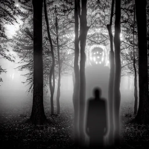 Image similar to shadow people in forest, staring at camera glowing white eyes, black and white, foggy, grainy, very old, creepy, eerie, unsettling