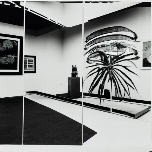 Image similar to A black and white photography printed in offset lithography of an exhibition space with works of Sun Ra, Marcel Duchamp and tropical plants, 60s, Modern Art