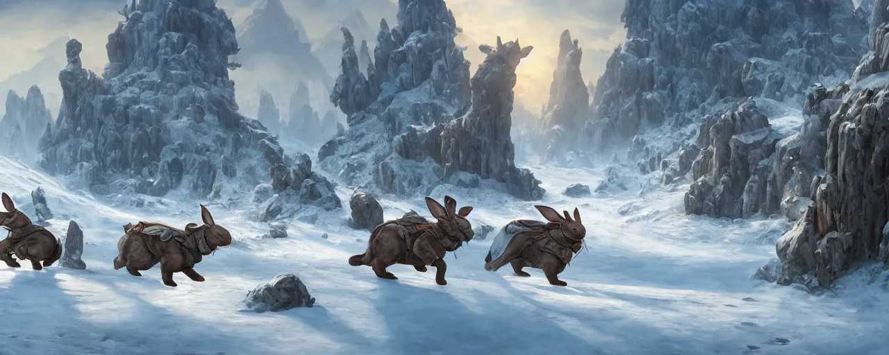 Prompt: oversized rabbits wearing elaborate armor fighting in snow mountain landscape, beautiful dynamic lighting, cinematic, wide angle establishing shot, extremely high detail, photo realistic, cinematic lighting, post processed, concept art, artstation, matte painting, style by frederic church, raphael lacoste, unreal engine 8k