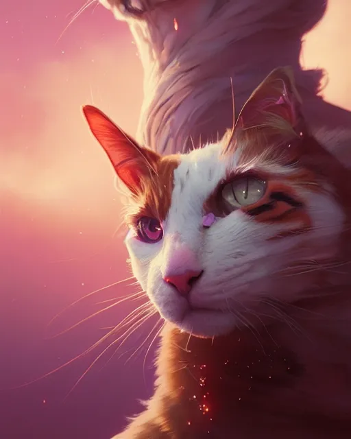 Image similar to highly detailed surreal vfx portrait of a calico cat, stephen bliss, unreal engine, greg rutkowski, loish, rhads, beeple, makoto shinkai and lois van baarle, ilya kuvshinov, rossdraws, tom bagshaw, alphonse mucha, global illumination, detailed and intricate environment