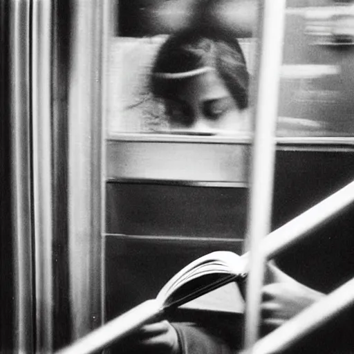 Image similar to “ girl reading a book in the new york city subway, detailed faces, photograph by henri cartier - bresson ”