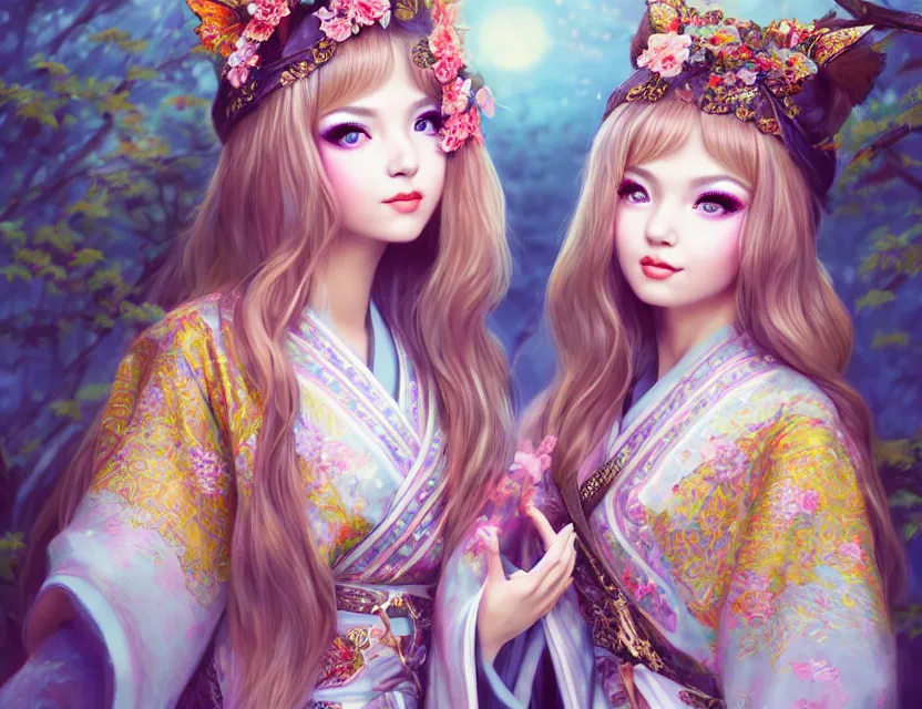 Image similar to two beautiful fashion siberian girls wear fantasy kimono in festival | | big eyes, sunny, dreamlike art, realistic shaded, smile, good looking, hyper details, 4 k realistic, cryengine, realistic shaded lighting poster by artgerm, ross tran, fuji choko, loish, 8 k resolution, trending on artstation, luxury