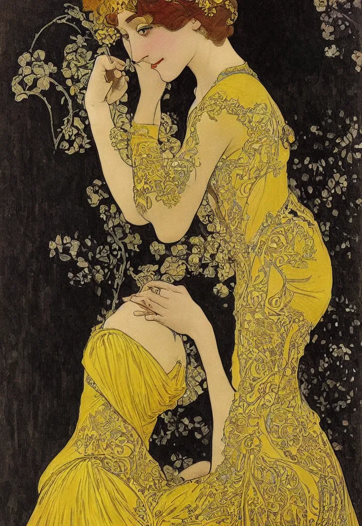 Image similar to a young woman looks deeply into the viewer, 1920's london street, art nouveau, extravagant fashion, intricate yellow dress with gold trims, lacey, dark streets, grungy, style of and by alphonse mucha, color painterly