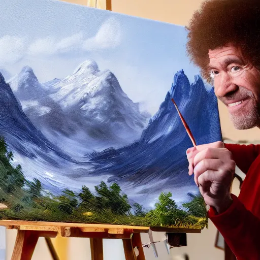 Image similar to a closeup photorealistic photograph of bob ross working on a canvas painting of spiderman. film still. brightly lit scene. mountains and trees. this 4 k hd image is trending on artstation, featured on behance, well - rendered, extra crisp, features intricate detail, epic composition and the style of unreal engine.