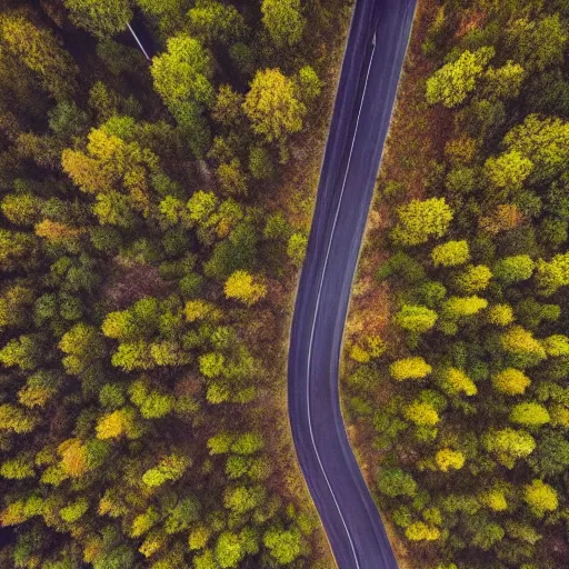 Image similar to areal drone shot of a road and forrest