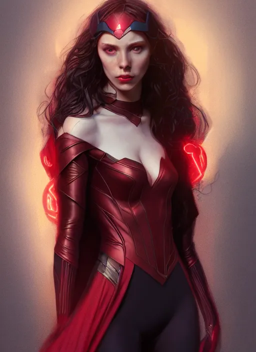 Image similar to Scarlet Witch, full body portrait, hyper detailed, digital art, trending in artstation, cinematic lighting, studio quality, smooth render, unreal engine 5 rendered, octane rendered, illustration, art style by klimt and krenz cushart