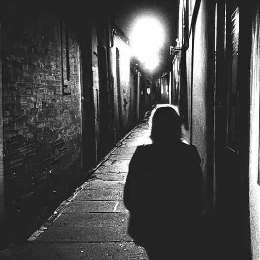 Image similar to a creepy cell phone camera picture of an alleyway in west philadelphia at night, with a college - aged woman in the distance. girl in the photo wearing a navy hoodie. directed by david lynch