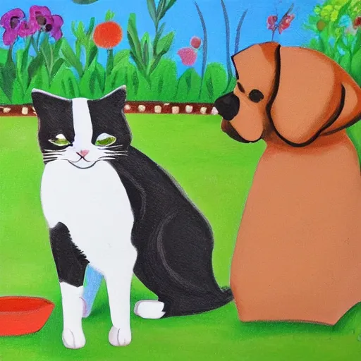 Image similar to a bay play with a cat and a dog in a garden with a mother acrylic paint