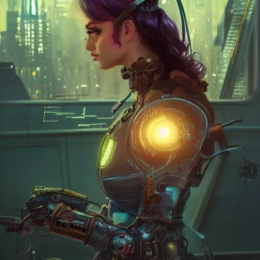 Image similar to portrait futuristic ana de armas steampunk half - cyborg cowgirl, neon light rooftop, fantasy, intricate and very very beautiful and elegant, highly detailed, digital painting, artstation, concept art, smooth and sharp focus, illustration, art by tan zi and ayanamikodon and alphonse mucha and wlop