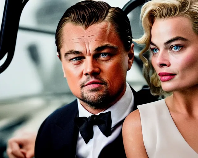 Image similar to leonardo dicaprio as the wolf of wall street next to margot robbie as naomi from the wolf of wall street in a helicopter, hyper realistic faces, beautiful eyes, cinematic, long shot, hyper detailed, 8 5 mm photograph, 8 k resolution, film still, sharp lens, wide lens