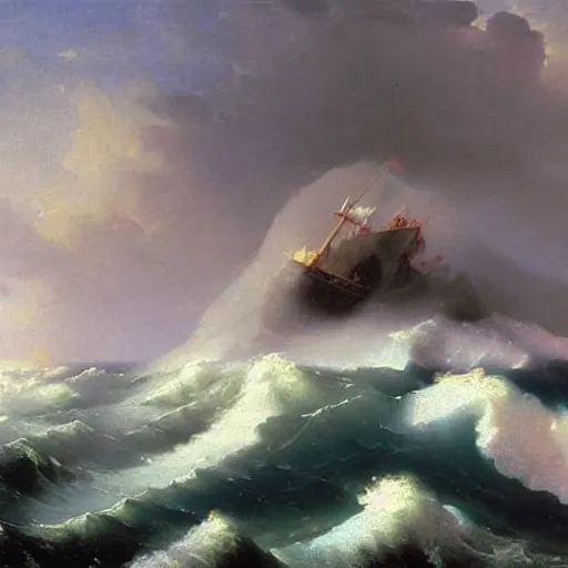 Image similar to prefect storm in the ocean. large waves, heavy stormy clouds. struggling ship to stay afloat. Rocky cliff in the background. Ivan Aivazovsky. Oil painting, very high details. Realistic. Epic.