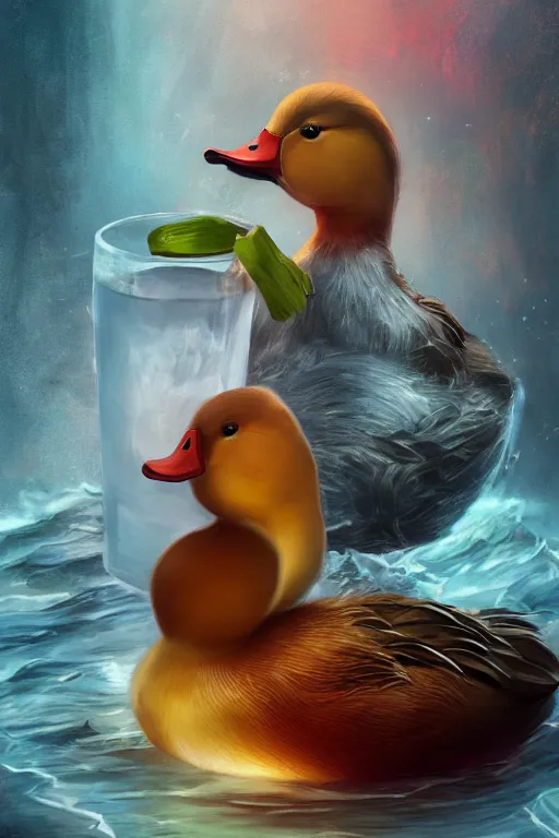 Prompt: duck drinks energy napiokmonstr energy, concept art, wlop, digital painting, trending on artstation, highly detailed, epic composition, official media, 8 k uhd