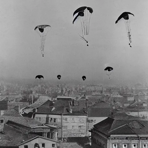 Image similar to grainy 1800s photo of a cybernetic paratroopers parachuting out of mechanical flying machines into a city