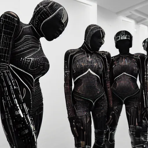 Prompt: love, diverse skin cybersuits, from behind, connection rituals, wide wide angle, vivid, elaborate, highly detailed, beautiful lighting