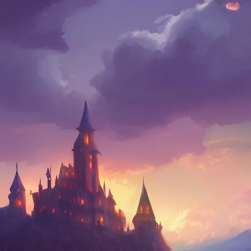 Prompt: a beautiful artwork painting of a dark castle at sunset, by andreas rocha, featured on artstation