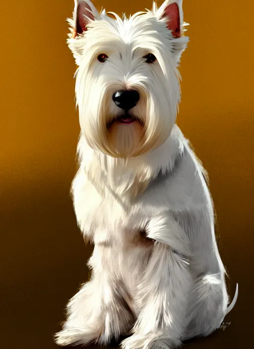 Image similar to a west highland white terrier sitting politely, facing the camera, wearing futuristic, golden armor, and a cannon mounted on his back, portrait, high detail, sharp focus, digital painting, artstation, concept art, art by hayao miyazaki and artgerm and greg rutkowski and alphonse mucha.