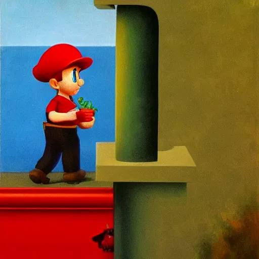 Prompt: an italian plumber with a red hat emerges from a green city pipe by Raphael, Hopper, and Rene Magritte. detailed, romantic, enchanting, trending on artstation.