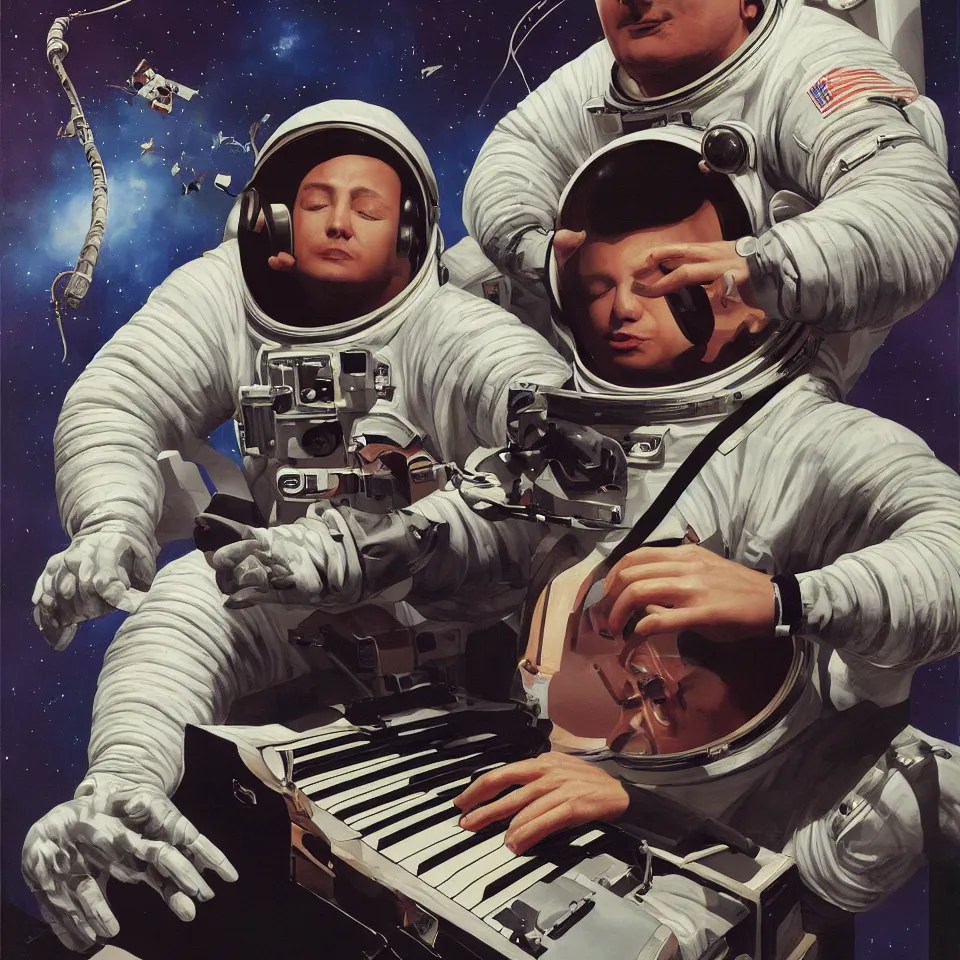 Image similar to astronaut with headphone playing keyboard, illustrated by alex ross