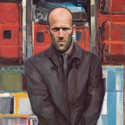 Image similar to portrait of jason statham pet detective standing atop a garbage truck mark rothko lucian freud greg rutkowski