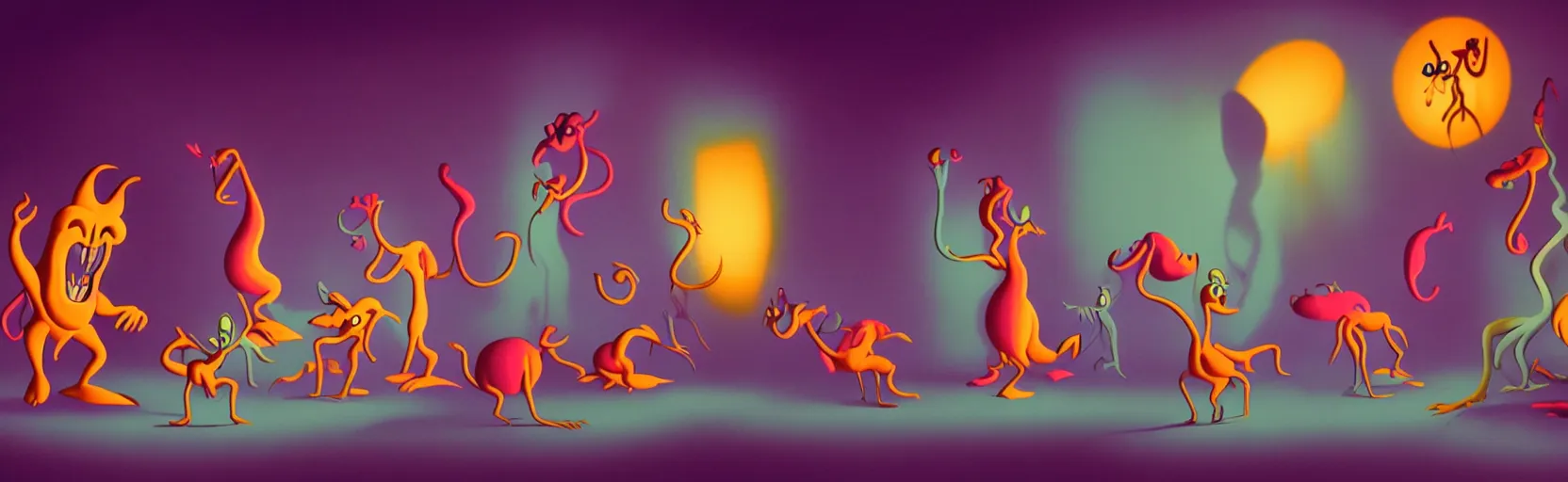 Image similar to whimsical unanny creatures from the depths of the collective unconscious, dramatic lighting, surreal fleischer cartoon characters