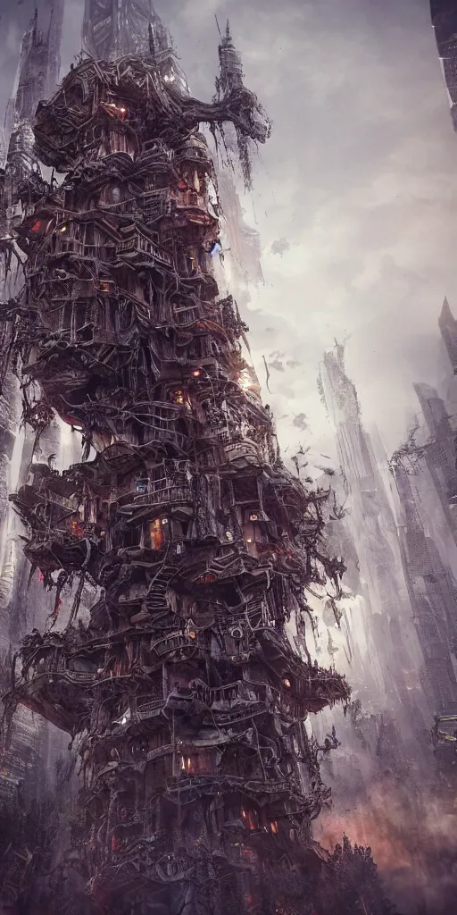 Image similar to ultra realistic and intricate detailed giant villain tech treehouse on the middle of the city, evil, devil, bloody, night, high technology, innovation, Dark evil style, artstation, unreal render, depth of field, ambient lighting, award winning, stunning
