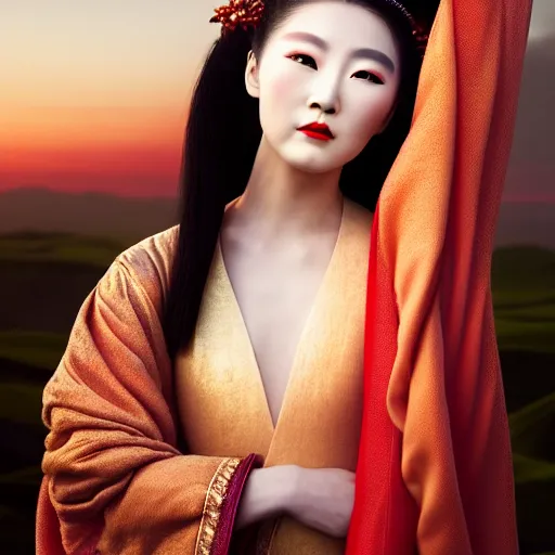 Prompt: photographic portrait of a stunningly beautiful renaissance female with chinese opera makeup in soft dreamy light at sunset, contemporary fashion shoot, by edward robert hughes, annie leibovitz and steve mccurry, david lazar, jimmy nelsson, breathtaking, 8 k resolution, extremely detailed, beautiful, establishing shot, artistic, hyperrealistic, beautiful face, octane render