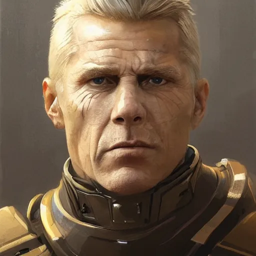 Image similar to Portrait of a man by Greg Rutkowski, he is about 60 years old, short blond hair, athletic and strong, straight jaw, wearing a futuristic tactical gear, expression of determination with weariness and resignation, older brother vibes, highly detailed portrait, digital painting, artstation, concept art, smooth, sharp foccus ilustration, Artstation HQ.