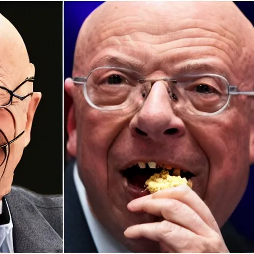 Image similar to a press photo of Klaus Schwab of the world economic forum eating bugs and other insects, horrible, 8k