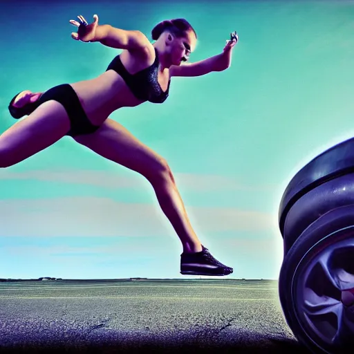 Image similar to car jump, bodybuilder, woman, holding, photo, digital art, hands, underbody, tire, throw,