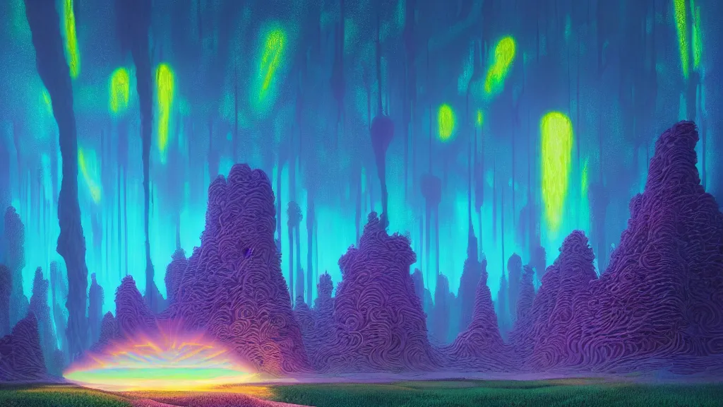 Prompt: highly detailed holographic iridescent glowing erhereal sci fi world with forests deserts oceans, at dusk, by gilbert williams, by simon stalenhag, by beeple, by bruce pennington, by moebius, octane render, with many different pastel shades of blue pink orange yellow green, beautiful volumetric lighting, prismatic