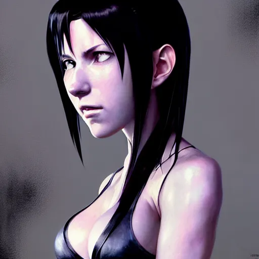 Image similar to Portrait of Tifa Lockhart by Greg Rutkowski. She is hiding from a Shinra robot in the Reactor Core by Mark Arian. It is dark and stark and industrial by H.R. Giger. soft render, octane, highly detailed painting by Moebius. artstation Blank Canvas Scene by Tetsuya Nomura.
