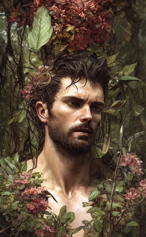 Image similar to god of the forest, 3 0 years old, rugged, handsome, male, detailed face, clean lines, atmospheric lighting, amazing, full body, flowers, muscular, intricate, highly detailed, digital painting, artstation, concept art, sharp focus, illustration, art by greg rutkowski and alphonse mucha