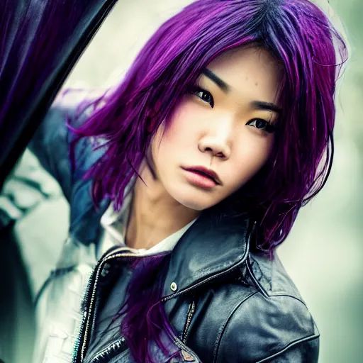 Prompt: photo of a gorgeous wet asian female with long dark purple hair in the style of stefan kostic, realistic, cyberpunk, leather jacket, aviators, nighttime, rain storm, body shot, sharp focus, 8 k high definition, insanely detailed, intricate, elegant, art by stanley lau and artgerm, floating embers