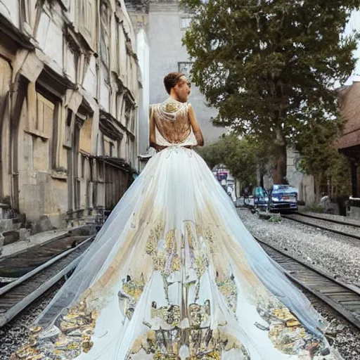 Image similar to a long wedding dress with a train made of flower petals made of light - colored fabric. transparent in places. in places, patterns of precious stones. intricate patterns of gold thin threads. fantasy. clear details