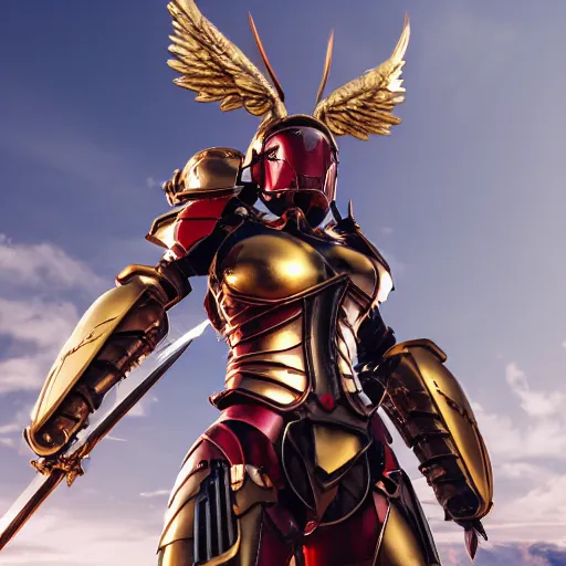 Prompt: picture of metal armored valkyrie, crimson plated, sword and shield, golden wings, divine vibes, light brown hair, white skin, shiny golden eyes, sky background, sharp focus, highly detailed, cinematic lighting, studio quality, smooth render, unreal engine 5 rendered, octane, rendered